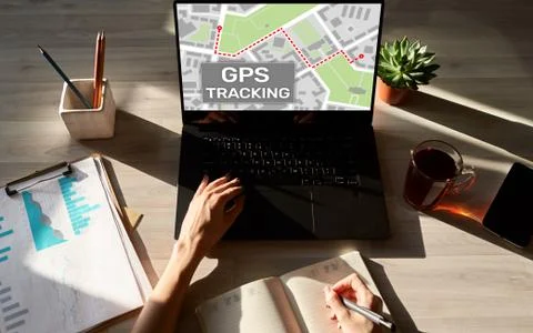 GPS Global positioning system tracking map on device screen. Stockfoto's