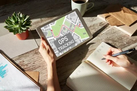 GPS Global positioning system tracking map on device screen. Stock-Fotos