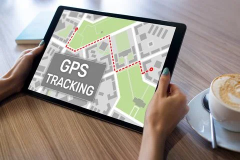 GPS Global positioning system tracking map on device screen. Stock Photos
