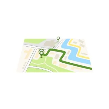 GPS icon and route map with path and car pin in city street isolated on white Stock Illustration