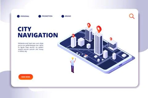 Gps isometric concept. Navigation city 3d map mobile phone, phone tracker with Illustrazione stock