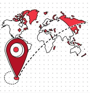 GPS location pin and flight track line art map illustration on dotted background Stock Illustration