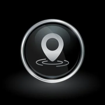 GPS location pin icon inside round silver and black emblem Stock Illustration