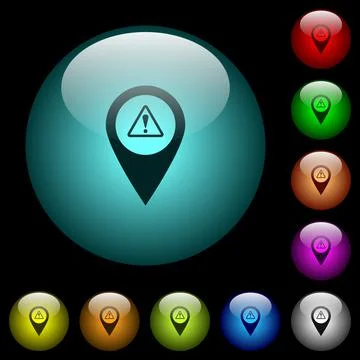 GPS map location warning icons in color illuminated glass buttons Stock Illustration