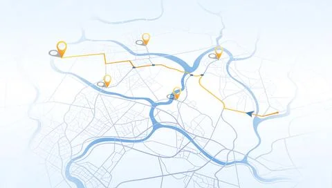 Gps map navigation with yellow markers and winding route on light city back. 스톡 일러스트