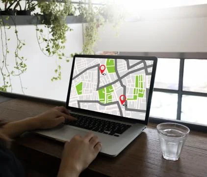 GPS Map to Route Destination network connection Location Street Map with GPS Foto stock