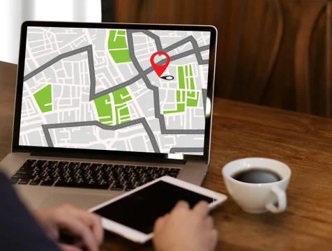 GPS Map to Route Destination network connection Location Street Map with GPS Foto stock