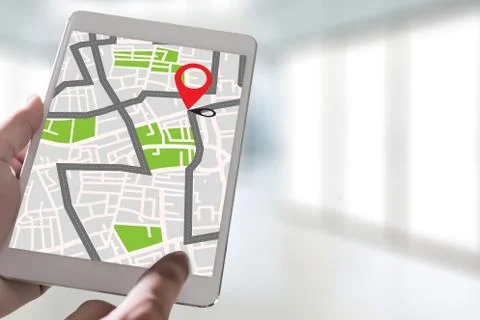 GPS Map to Route Destination network connection Location Street Map with GPS Stock Photos