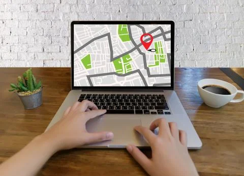 GPS Map to Route Destination network connection Location Street Map with GPS  Stock Photos