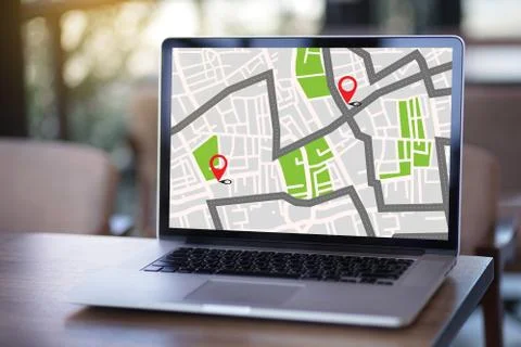 GPS Map to Route Destination network connection Location Street Map with GPS  Stock Photos