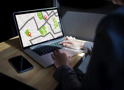 GPS Map to Route Destination network connection Location Street Map with GPS  스톡 사진