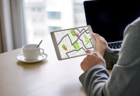 GPS Map to Route Destination network connection Location Street Map with GPS  Foto stock