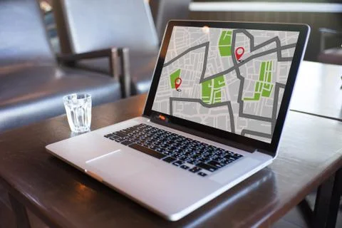 GPS Map to Route Destination network connection Location Street Map with GPS  Stock Photos