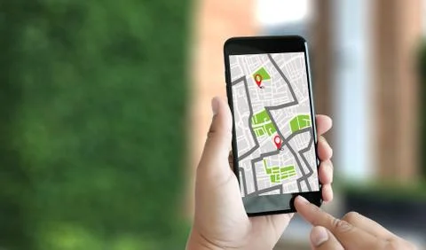 GPS Map to Route Destination network connection Location Street Map with GPS  Stock Photos
