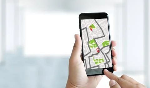GPS Map to Route Destination network connection Location Street Map with GPS  Stock Photos