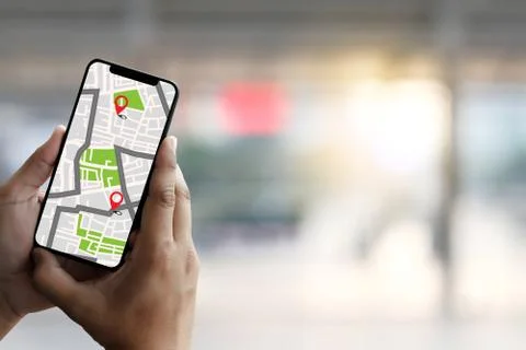 GPS Map to Route Destination network connection Location Street Map with GPS  Stock Photos