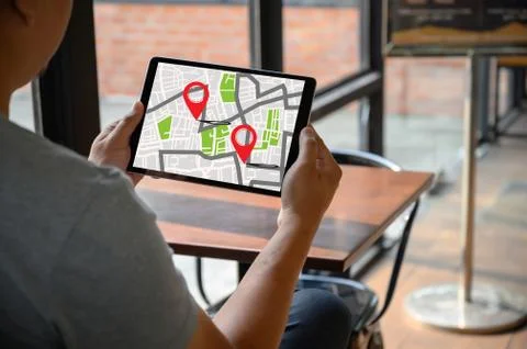 GPS Map to Route Destination network connection Location Street Map with GPS  Stock Photos