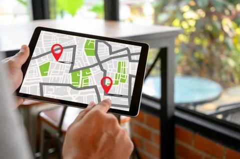 GPS Map to Route Destination network connection Location Street Map with GPS  Foto stock