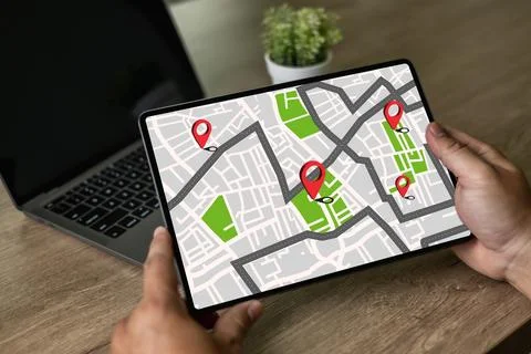 GPS Map to Route Destination network connection Location Street Map with GP.. Stock Photos