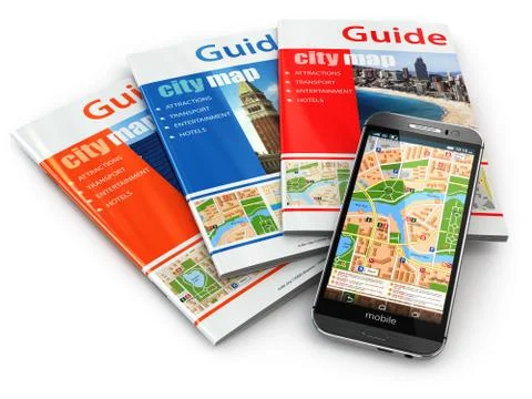 Gps mobile phone navigation  and travel guide books. Stock Illustration
