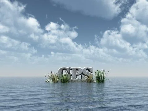 Gps monument at the ocean under cloudy blue sky - 3d illustration Illustrazione stock