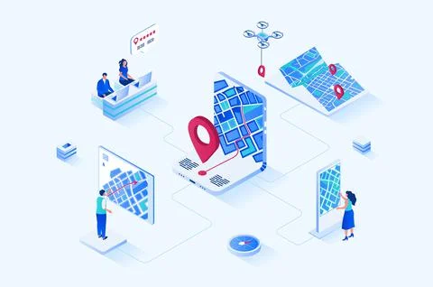 GPS navigation 3d isometric web design. People use mobile application with city 스톡 일러스트