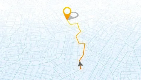 GPS navigation city map with orange route line and yellow destination pin Stock Illustration