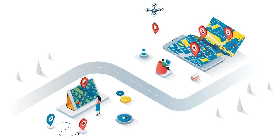 GPS navigation concept 3d isometric web banner. Vector illustration Stock Illustration