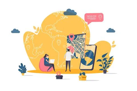 GPS navigation concept in flat style. Man uses GPS navigator scene. Navigate Illustrazione stock