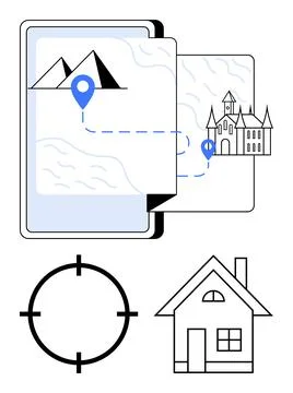 GPS Navigation Concept with Map, Mountain, Castle, Target, and House Icons Stock Illustration
