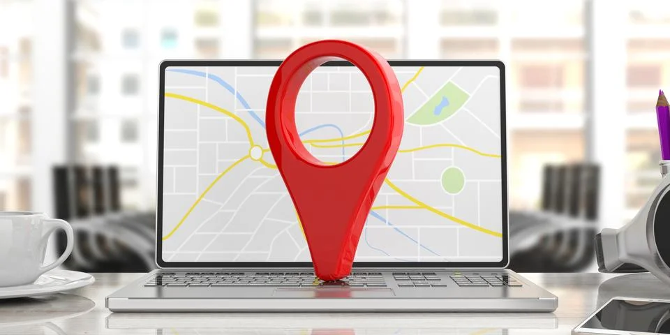 GPS, navigation concept. Red pointer location on laptop, business office back Stock Illustration