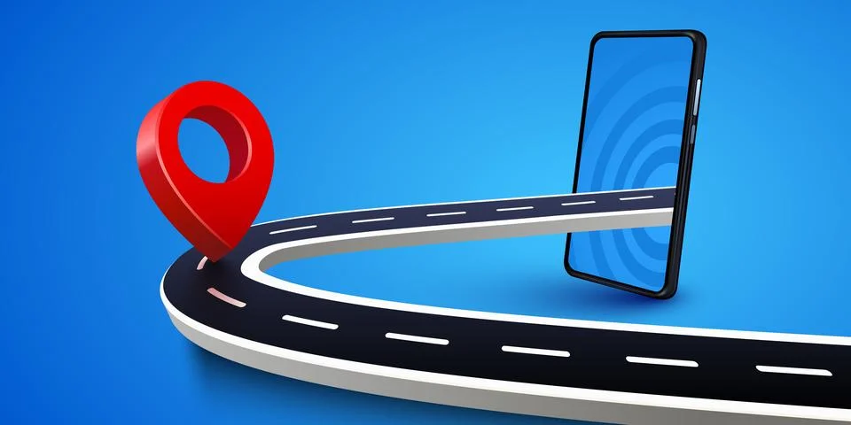 GPS navigation concept with a road leading to a smartphone. Online map services 스톡 일러스트