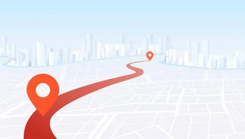 GPS Navigation Concept. Route on the map to pin in city street map. Red Stock Illustration