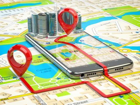 GPS navigation concept. Smartphone app with skyscrapers and two pins with rou Stock Illustration