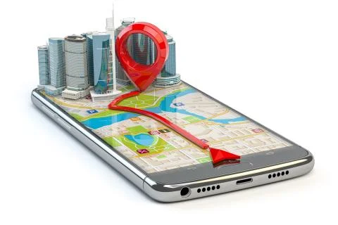 GPS navigation concept. Smartphone app with skyscrapers and pin with route on Stock Illustration