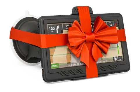 GPS navigation device with red bow and ribbon, gift concept. 3D rendering Stock Illustration