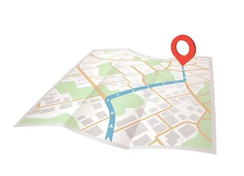 GPS navigation on folded paper map, highlighted blue route to red pin. Location Stock Illustration