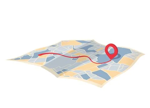 GPS navigation on folded paper map, highlighted route to red pin. Location Stock Illustration