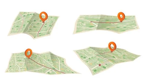 GPS navigation on folded paper maps, highlighted route to red pin. Location. Illustration