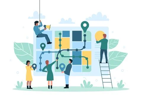 GPS navigation, geolocation system and local search, tiny people orienteering on Stock Illustration