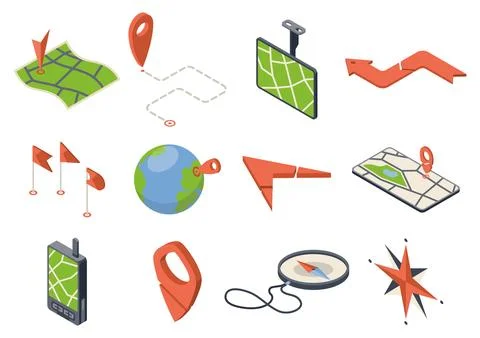 Gps navigation icon set isometric. Automotive navigation system symbols Stockillustratie