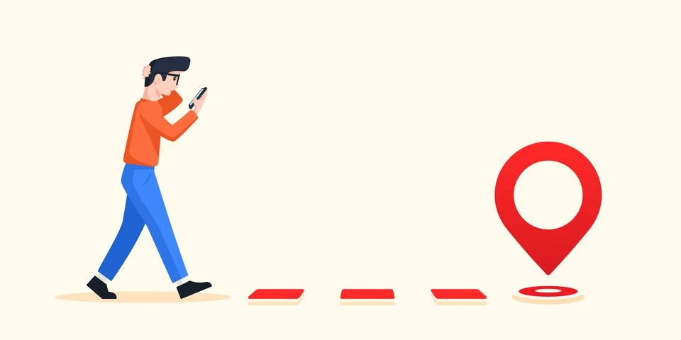 GPS navigation. The man follows the pointer on the map Stock Illustration