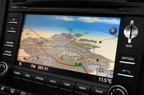 GPS Navigation Map Displayed on Car Infotainment Screen Stock Photos
