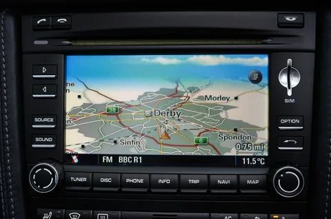 GPS Navigation Map Displayed on Car Infotainment Screen Stock Photos
