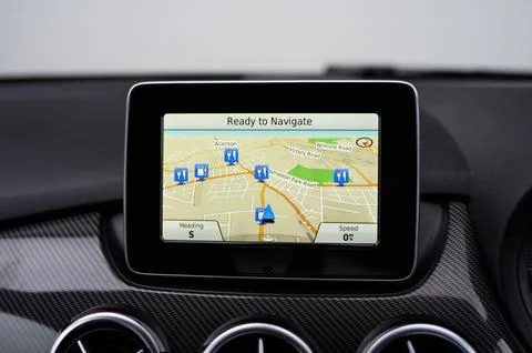 GPS Navigation Map Displayed on Car Infotainment Screen Stock Photos