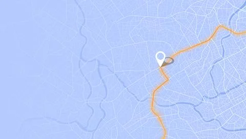 Gps navigation map with orange path and white marker on blue city streets Stock Illustration