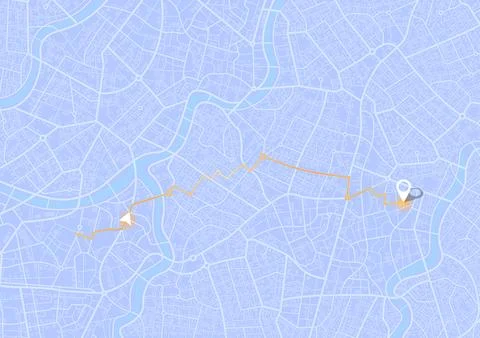 GPS navigation map with orange route and location pin on light blue city Stock Illustration
