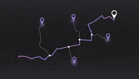 GPS navigation map with purple route path and location pins. Dark city street Stock Illustration