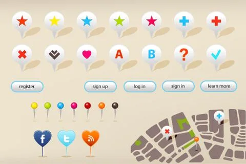Gps navigation markers and website elements Stock Illustration