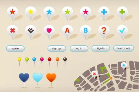 Gps navigation markers and website elements Stock Illustration